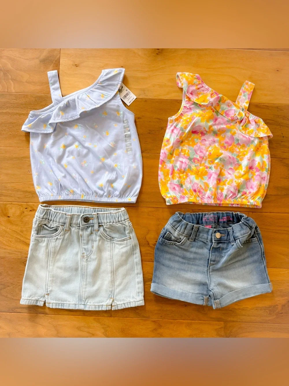 Two Girls Outfits; 2 Asymmetrical Tops, 1 Shorts, 1 Skirt, 3T, Great Condition!!